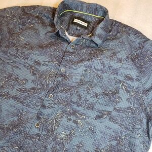 32 Bar Blues Men's XL Linen Blend Shirt Moon Song Microcheck Weave Palms  Print